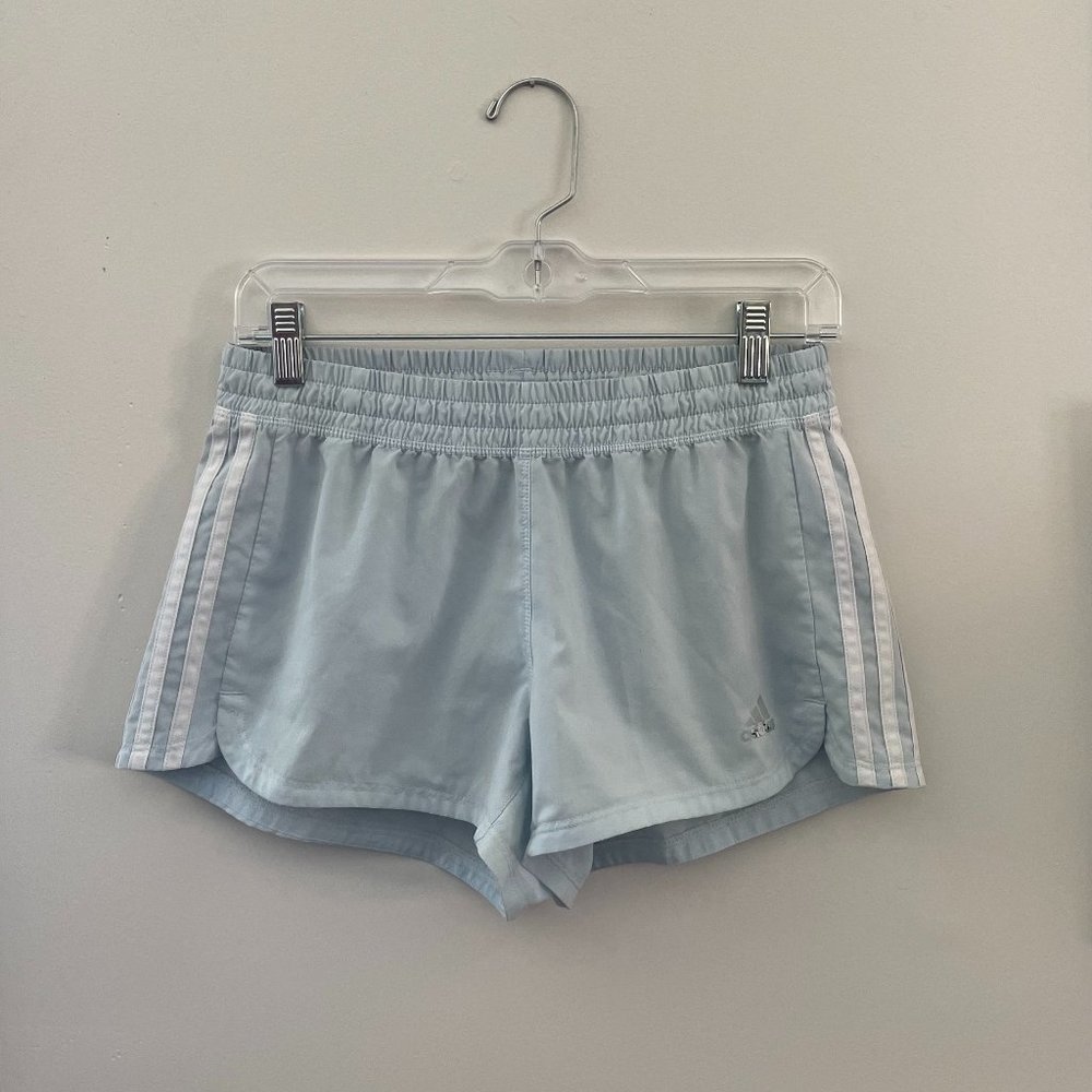 Adidas White/Light Blue/Gray Women’s 3-Stripes Pacer Woven AeroReady Shorts